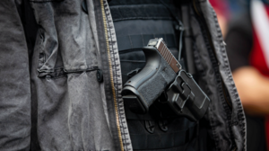 Close-up view of gun strapped to man's chest within jacket