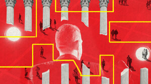 Illustration featuring columns, people walking, a man in a suit, and district lines on a red background.