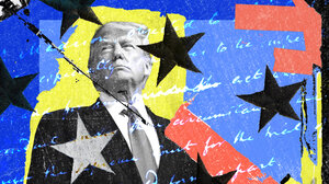 An illustration featuring text from James Madison's notes on the Constitutional Convention, an image of former President Donald Trump, and other iconography