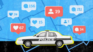 Illustration featuring a Los Angeles police car surrounded by social media notification icons