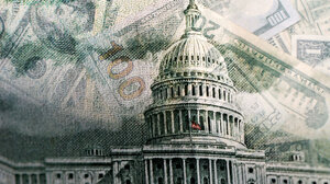 An illustration showing the Capitol Building with superimposed images of various bills and denominations of U.S. currency