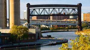 The Industrial Flats in Cleveland Ohio, with silos, a foundry, and bridges spanning the Cuyahoga River