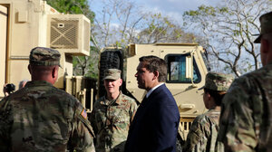 Florida governor Ron DeSantis speaking to National Guard troops