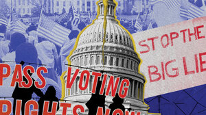 Collage of images of voting rights protests framing an image of the Capitol split in half