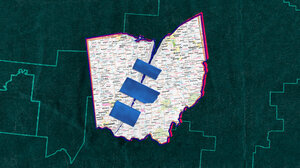 A map of Ohio, split in half and taped together.