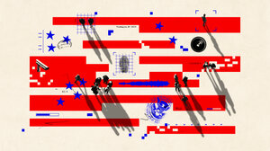 Illustration mixing American flag and surveillance imagery