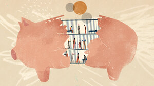 Broken piggy bank revealing incarcerated people and money
