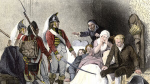 British soldiers quartered in an American colonial home 1770s. Hand-colored engraving