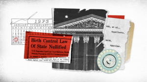 A collage of news clippings and photos related to Roe v. Wade
