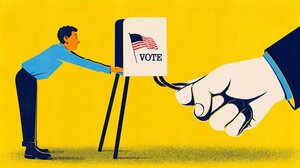 A citizen tries to vote as the booth is pulled away