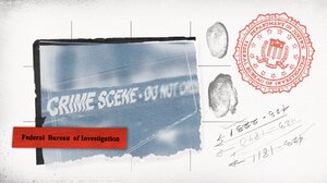 Graphic of crime scene tape, FBI stamp, and fingerprints