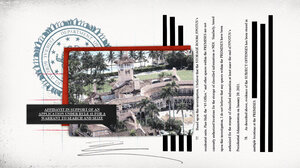 Graphic of Mar-a-Lago, FBI seal, and redacted document
