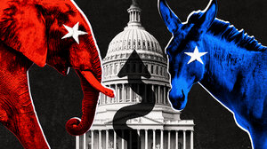 Symbols of political parties facing off in front of the Capitol building