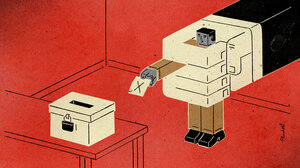 A hand holds a person back from voting