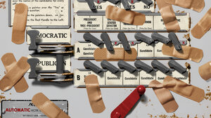 A voting machine covered in bandages