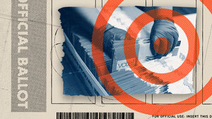 Graphic of gloved hand handling ballots