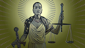Representation of lady justice holding scales and a sword