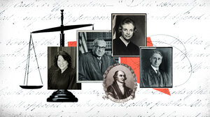 Graphic of Supreme Court justices, scales of justice