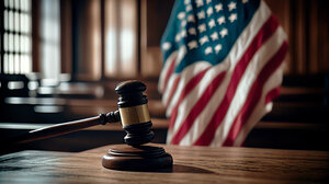 Gavel resting on base in front of U.S. flag