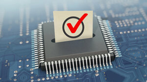 Checkmark on card inserted into machine