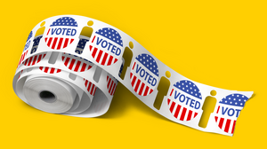 Illustration of a roll of voting stickers with silhouette cutouts of human figures.