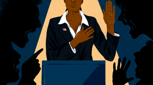 Politician raising her hand to pledge, surrounded by screaming people