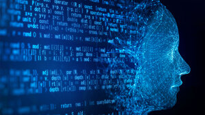 computer code and nodes and connections forming the image of a human face