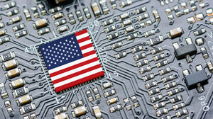 American flag microchip surrounded by a circuit-board