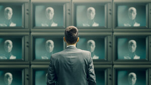 Man looking at AI televisions