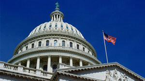 image of the outside of the U.S. Capitol dome, looking up from the ground