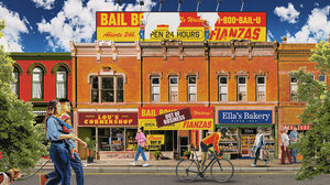 Illustration of a bustling city street with a bail bonds storefront going out of business.