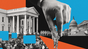 Collage illustration of soldiers and government buildings