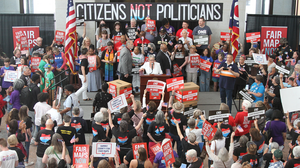 Ohio voters gather in the statehouse atrium, attending a Citizens Not Politicians rally for fair maps in the state, July 1, 2024.