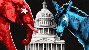 Photo illustration of Capitol flanked by elephant and donkey 