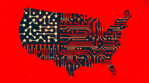 Illustration of circuitry overlayed on a map of the Unites States.