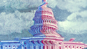 Distorted illustration of the Capitol Building in blue and red
