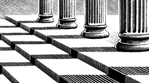 A black and white woodcut illustration of steps of a government building with four columns at the top casting shadows.