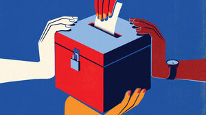 Illustration of three hands holding a ballot box as a fourth hand slips a ballot through the slot on top.