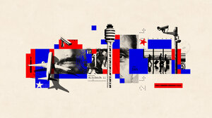 Graphic collage of airplane, surveillance camera, and people's faces