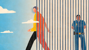 Illustration of a formerly incarcerated person walking out from bars into the sun, shedding their orange prison jumpsuit and revealing street clothes.