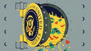 Illustration of a safe with the presidential seal on the door, overflowing with cash, gold, and jewels