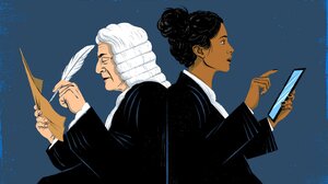 Illustration of a founding father writing on a piece of parchment with a quill next to a woman using a tablet
