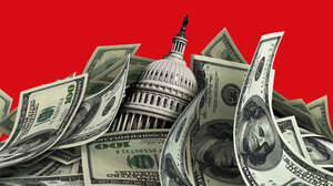 Illustration of cash drowing the Capitol