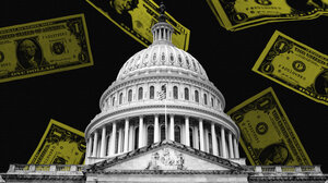 Illustration of U.S. Capitol in front of images of cash
