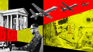 Illustration with a collage of binary code, the White Hose, drone bombers, a drone operator, and a satellite targeting image.