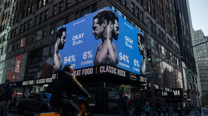 Billboard with Polymarket prediction of NYC mayoral race