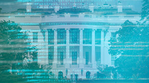 image of white house behind blue tinted, computerized letters and symbols