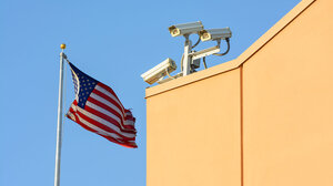 U.S. flag beside a surveillance camera