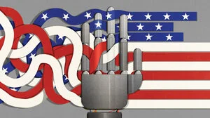 Robot hand disrupting American flag