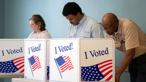 Three people voting at booths with I Voted imagery
